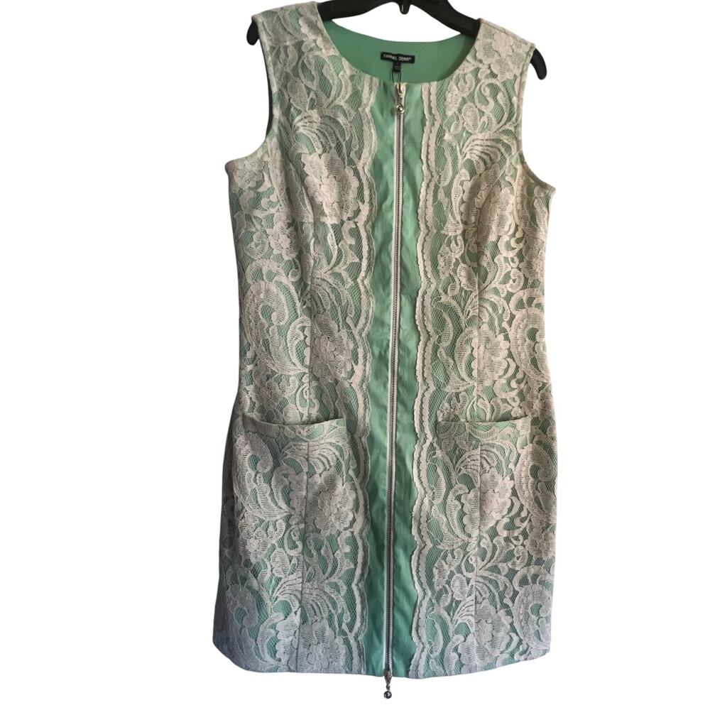 Samuel Dong green dress, lace overlay, full zip with pockets, Pistachio, Lg NWT